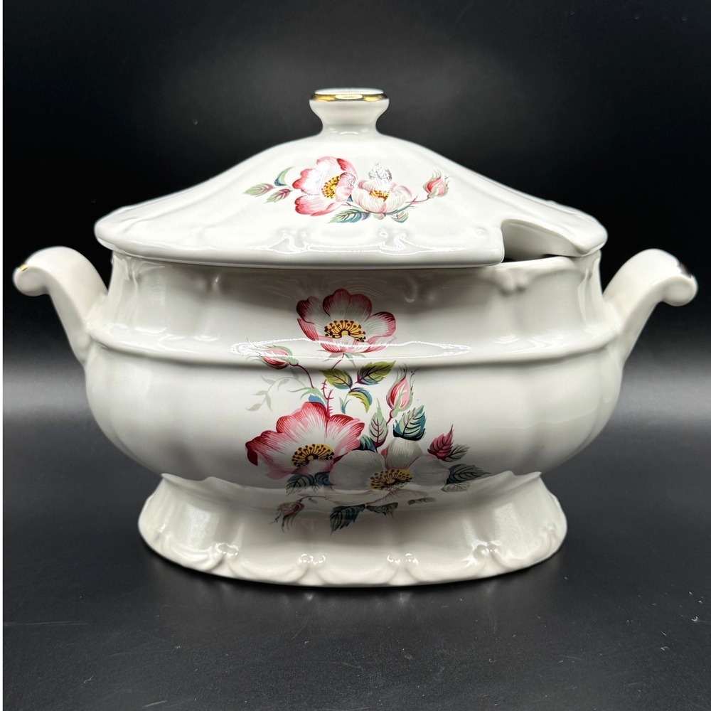 House of Webster Briar Rose Soup Tureen with Lid Cottage Gold Trim White Ceramic